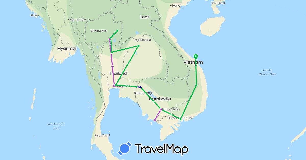 TravelMap itinerary: driving, bus, train in Cambodia, Thailand, Vietnam (Asia)