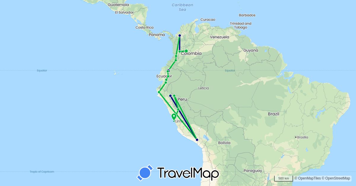 TravelMap itinerary: driving, bus in Colombia, Ecuador, Peru (South America)